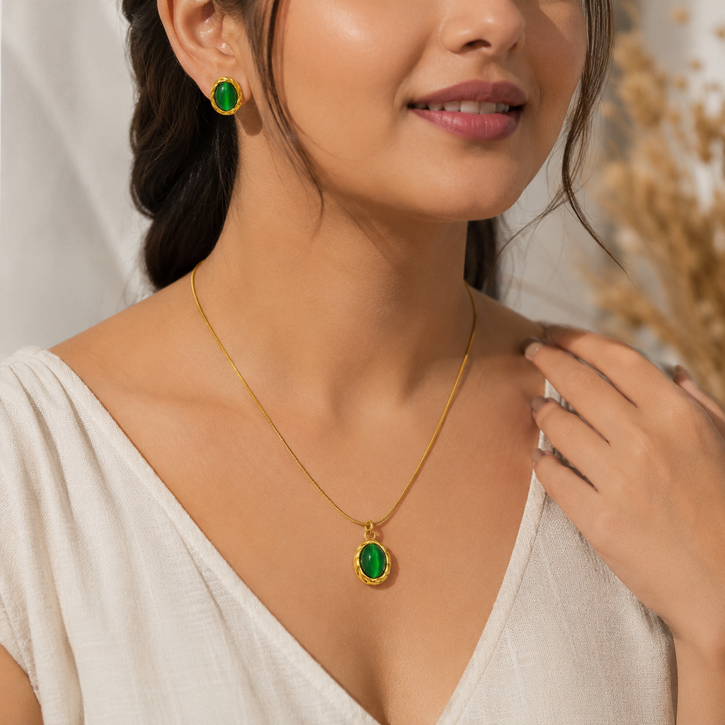 Emerald Green Cat Eye Pendant Necklace & Matching Earrings Set – 18K Gold Plated | Anti-Tarnish Jewellery