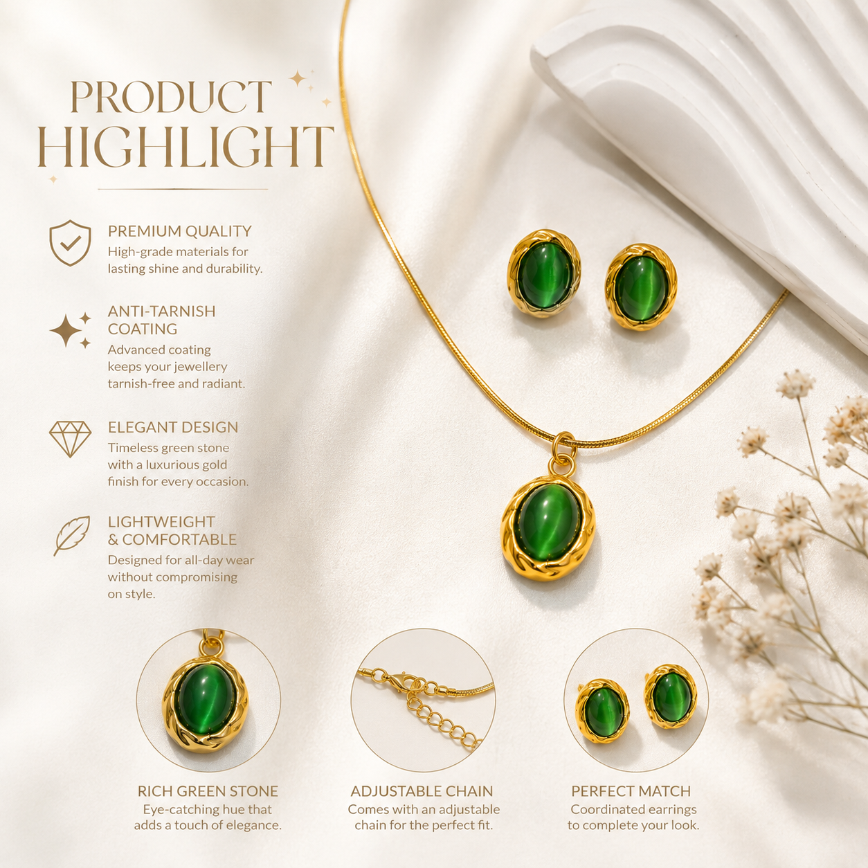 Emerald Green Cat Eye Pendant Necklace & Matching Earrings Set – 18K Gold Plated | Anti-Tarnish Jewellery
