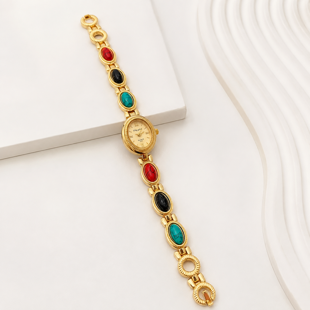 Luxury Gold-Tone Bracelet Watch for Women with Red & Black Stone Design | Premium Quartz Wrist Watch