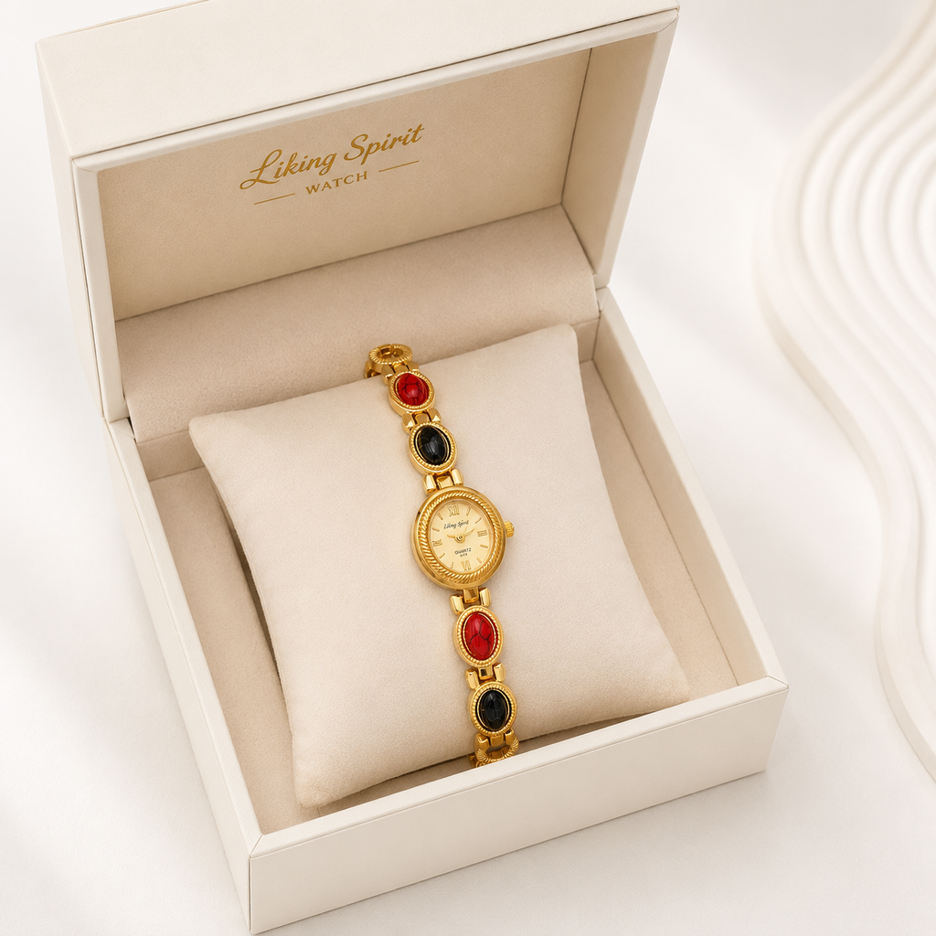 Luxury Gold-Tone Bracelet Watch for Women with Red & Black Stone Design | Premium Quartz Wrist Watch