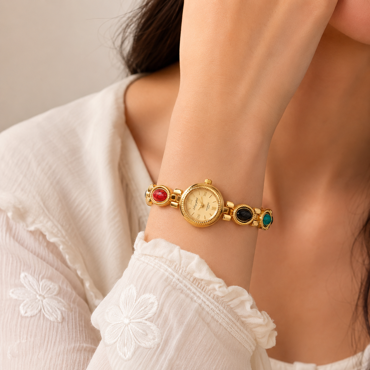 Luxury Gold-Tone Bracelet Watch for Women with Red & Black Stone Design | Premium Quartz Wrist Watch