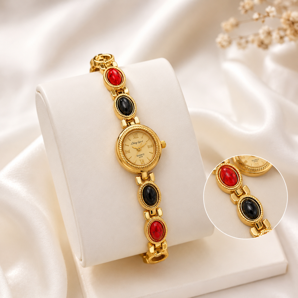 Luxury Gold-Tone Bracelet Watch for Women with Red & Black Stone Design | Premium Quartz Wrist Watch