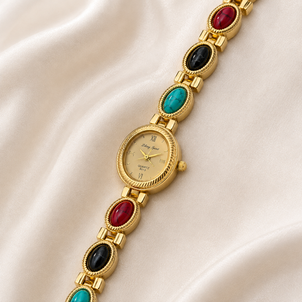 Luxury Gold-Tone Bracelet Watch for Women with Red & Black Stone Design | Premium Quartz Wrist Watch