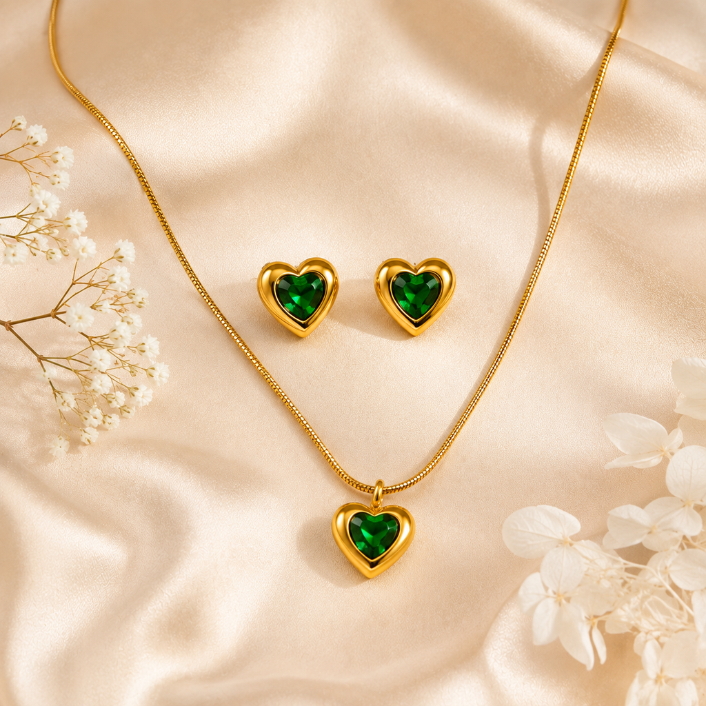 Luxury Green Heart Pendant Necklace & Earrings Set for Women | Gold-Plated Jewelry Combo