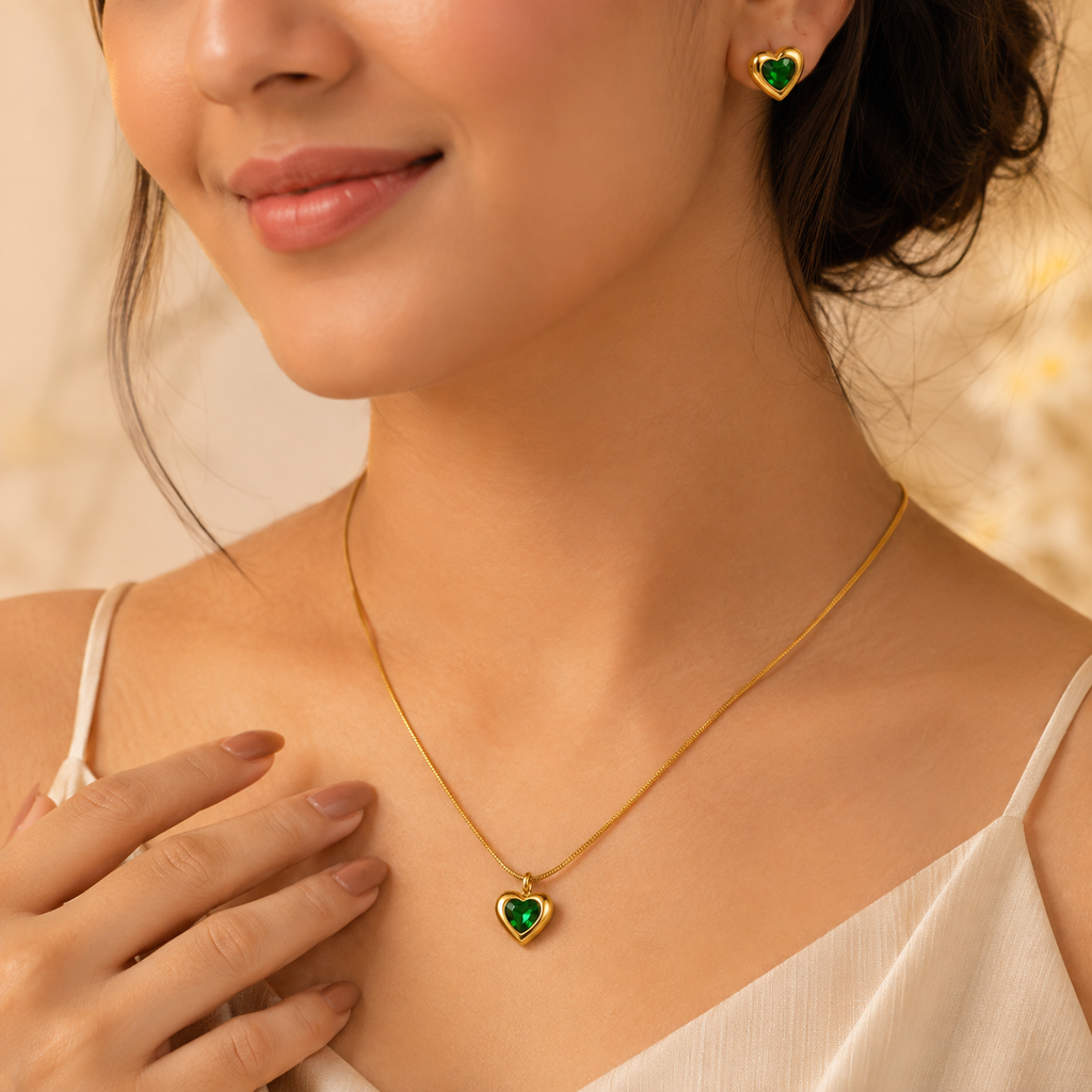 Luxury Green Heart Pendant Necklace & Earrings Set for Women | Gold-Plated Jewelry Combo