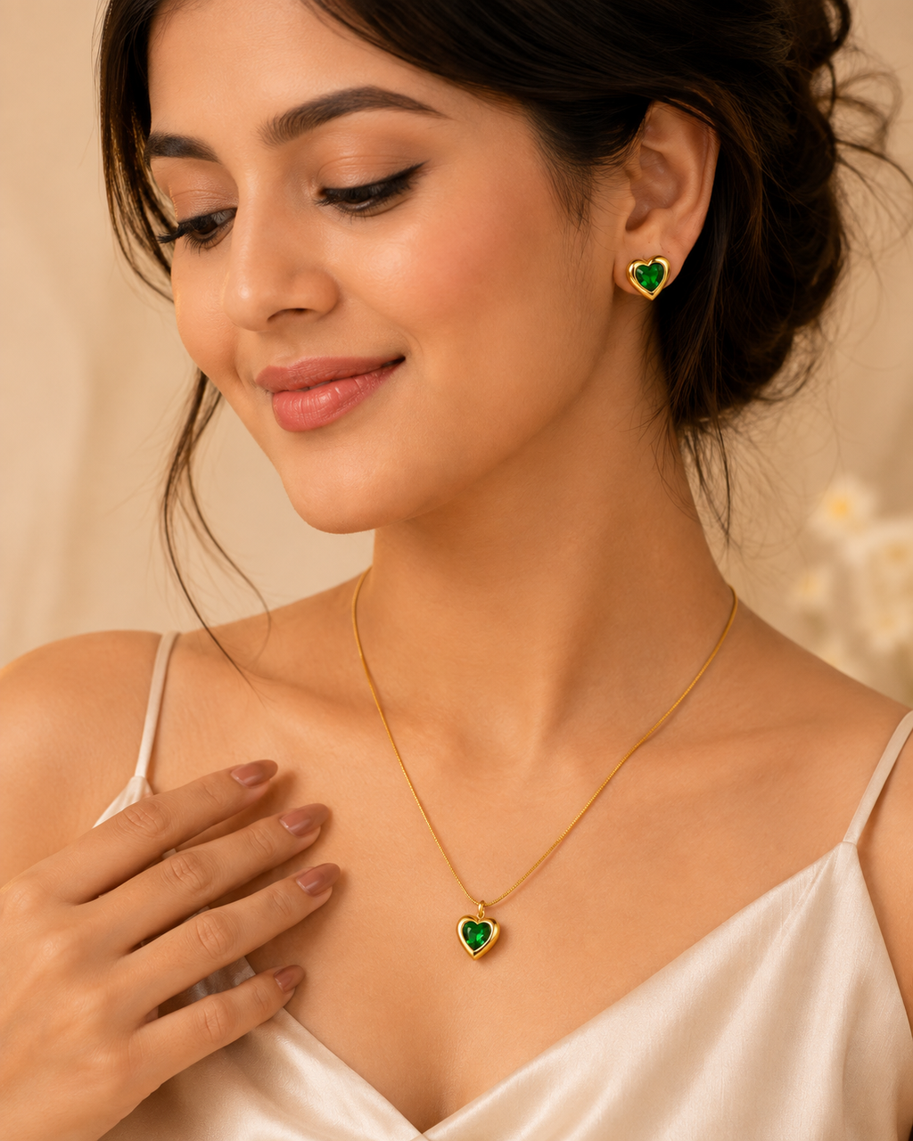 Luxury Green Heart Pendant Necklace & Earrings Set for Women | Gold-Plated Jewelry Combo