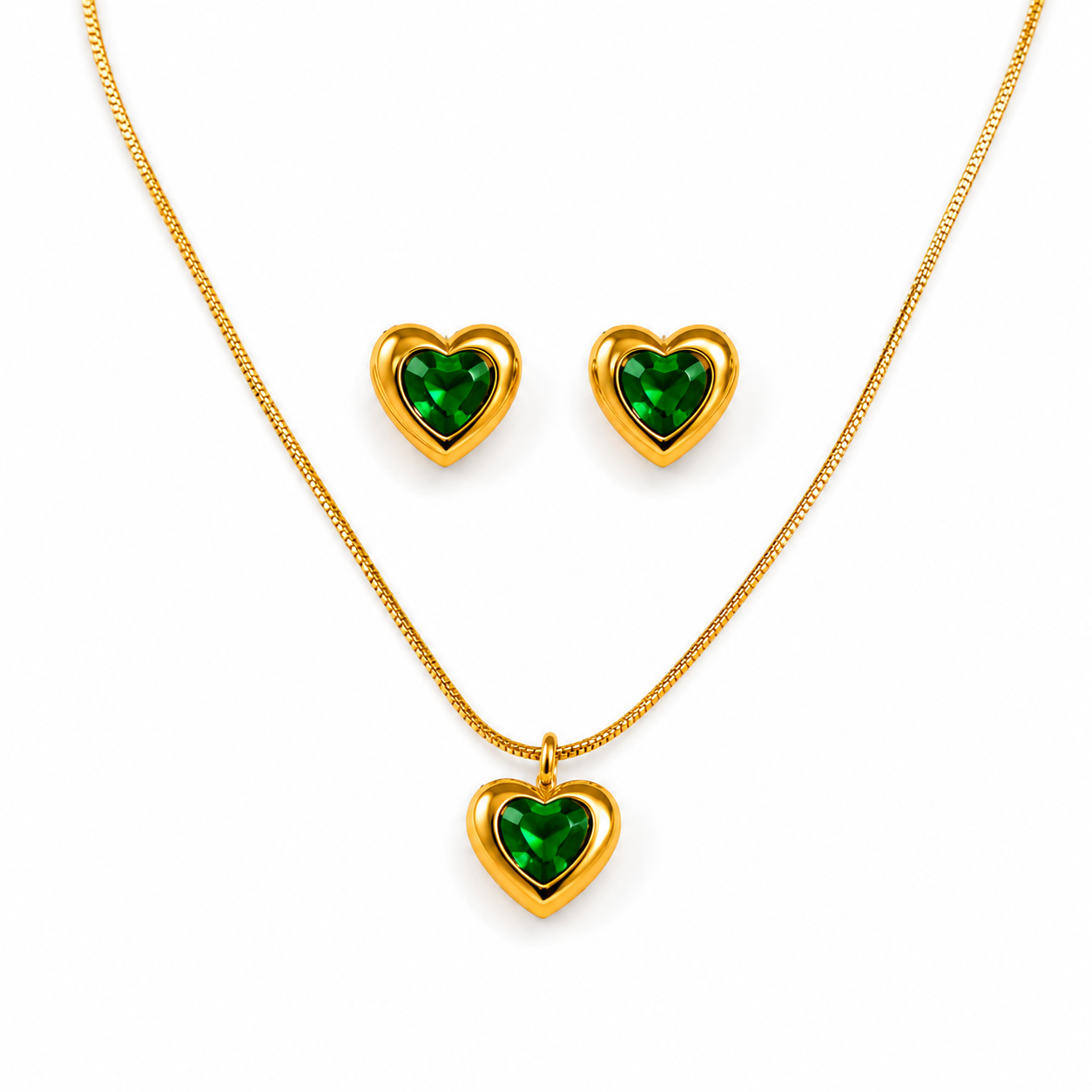 Luxury Green Heart Pendant Necklace & Earrings Set for Women | Gold-Plated Jewelry Combo
