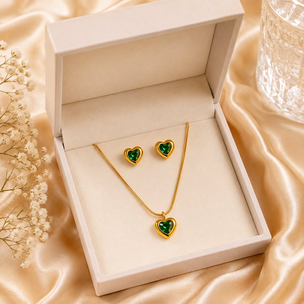 Luxury Green Heart Pendant Necklace & Earrings Set for Women | Gold-Plated Jewelry Combo