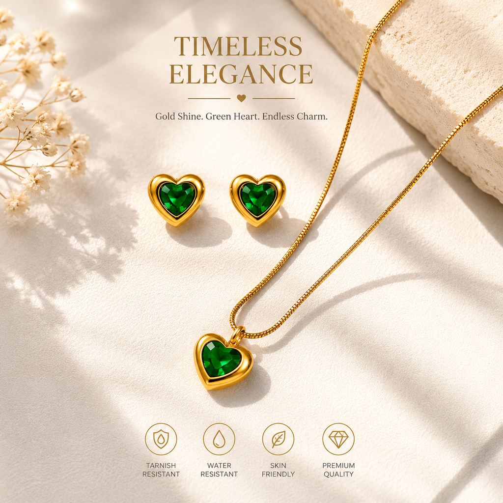Luxury Green Heart Pendant Necklace & Earrings Set for Women | Gold-Plated Jewelry Combo
