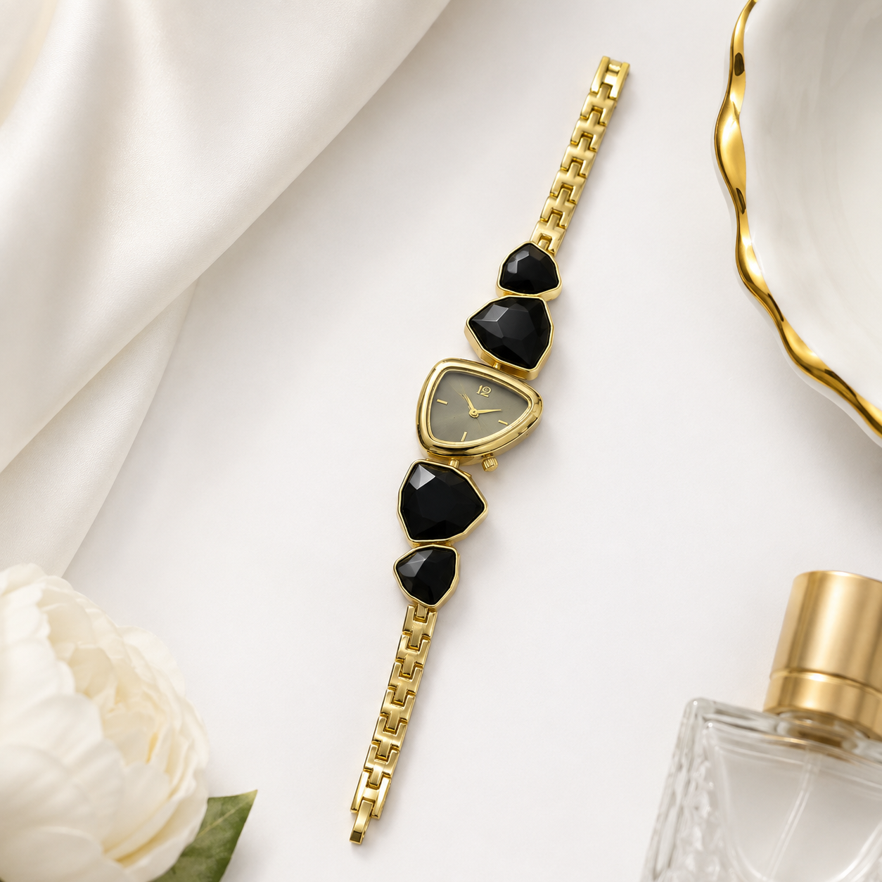 Luxury Gold-Plated Black Stone Women's Bracelet Watch | Elegant Analog Fashion Watch for Women