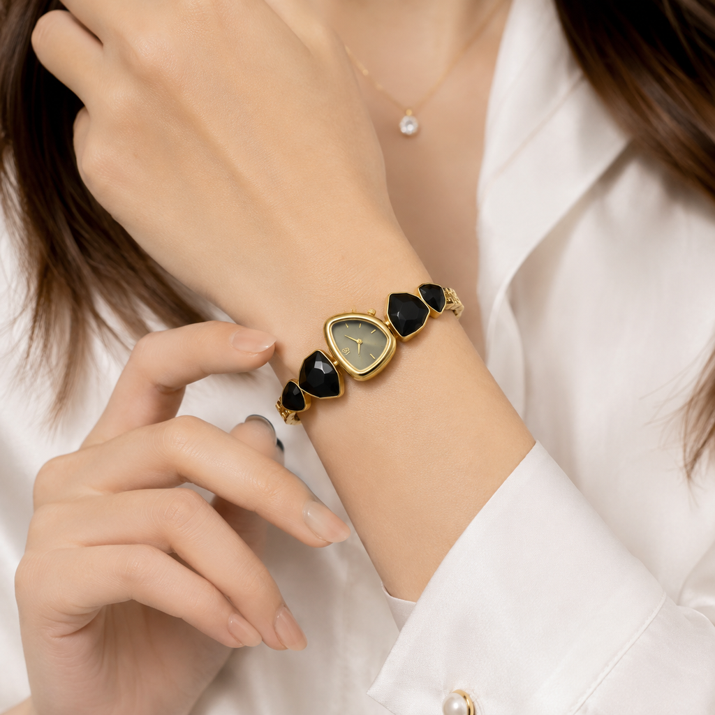 Luxury Gold-Plated Black Stone Women's Bracelet Watch | Elegant Analog Fashion Watch for Women