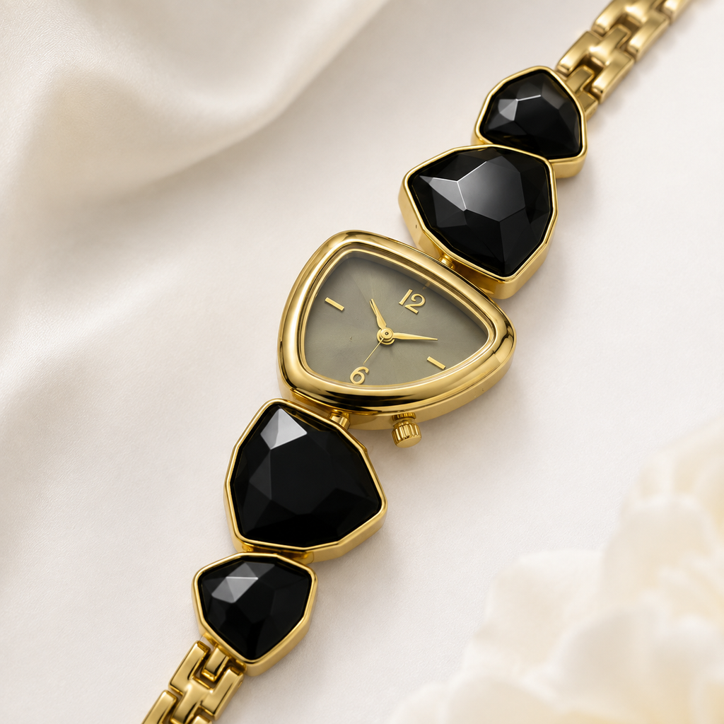 Luxury Gold-Plated Black Stone Women's Bracelet Watch | Elegant Analog Fashion Watch for Women