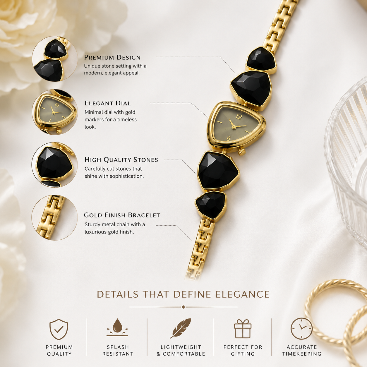 Luxury Gold-Plated Black Stone Women's Bracelet Watch | Elegant Analog Fashion Watch for Women