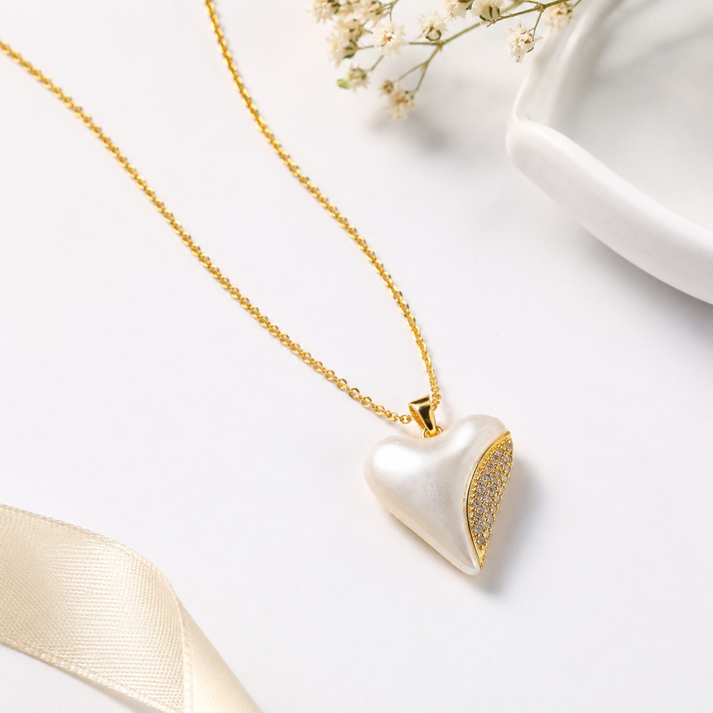 Elegant White Heart Pearl Gold Plated Pendant Necklace for Women | Anti-Tarnish Jewellery