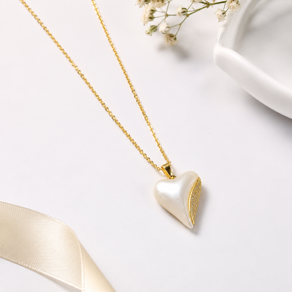 Elegant White Heart Pearl Gold Plated Pendant Necklace for Women | Anti-Tarnish Jewellery