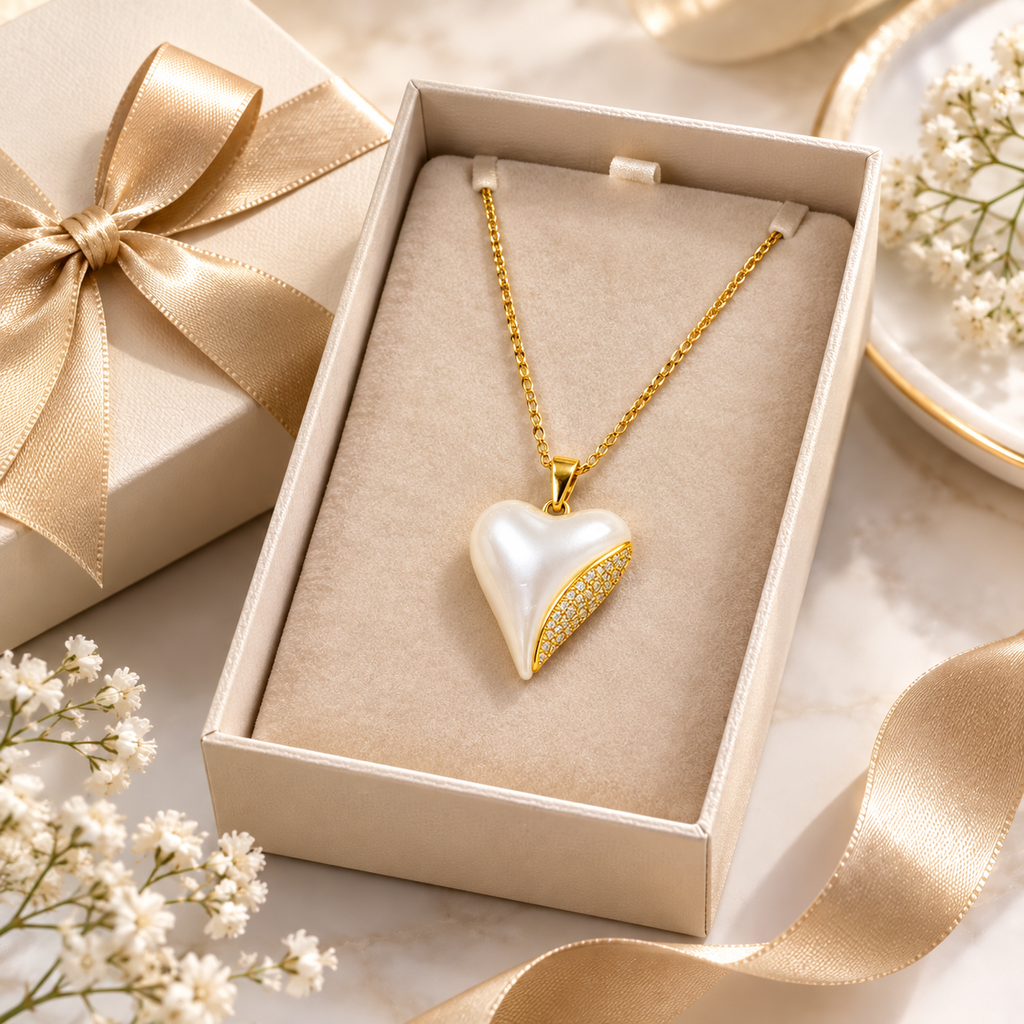 Elegant White Heart Pearl Gold Plated Pendant Necklace for Women | Anti-Tarnish Jewellery