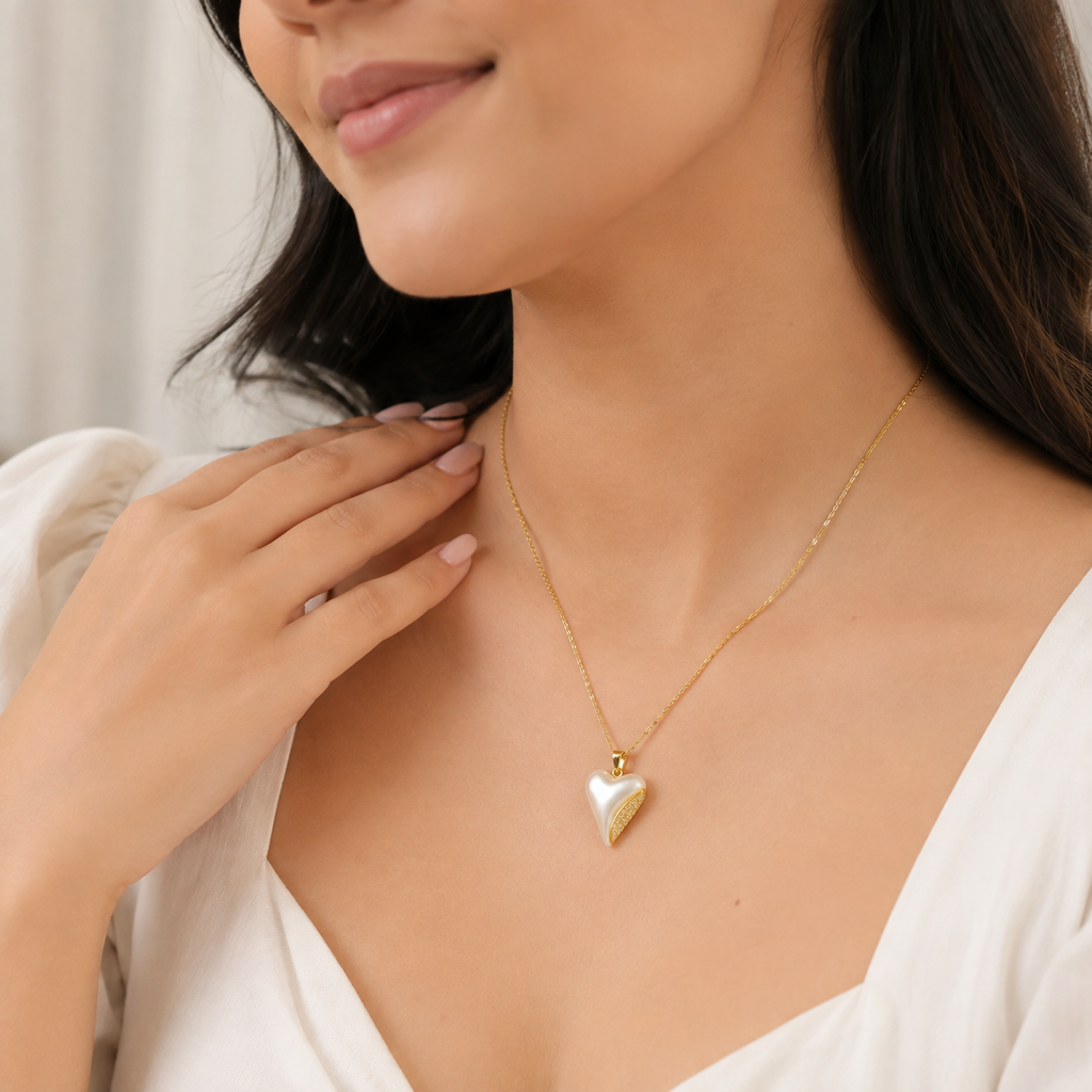 Elegant White Heart Pearl Gold Plated Pendant Necklace for Women | Anti-Tarnish Jewellery