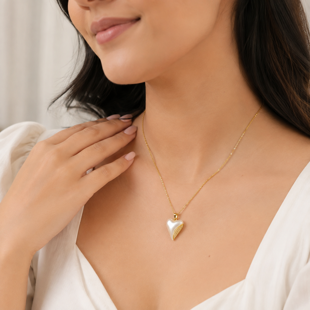 Elegant White Heart Pearl Gold Plated Pendant Necklace for Women | Anti-Tarnish Jewellery
