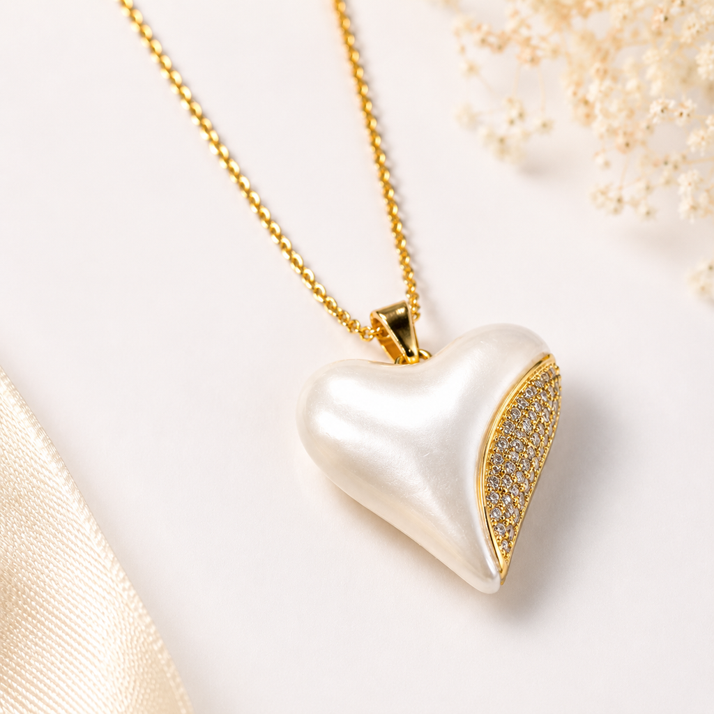 Elegant White Heart Pearl Gold Plated Pendant Necklace for Women | Anti-Tarnish Jewellery