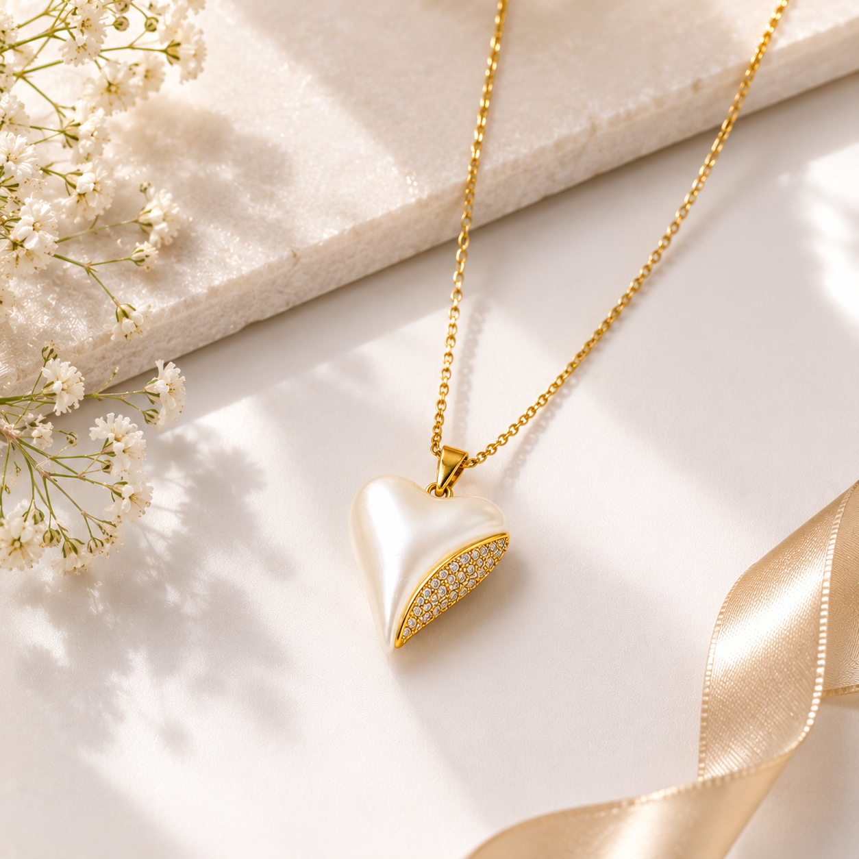 Elegant White Heart Pearl Gold Plated Pendant Necklace for Women | Anti-Tarnish Jewellery