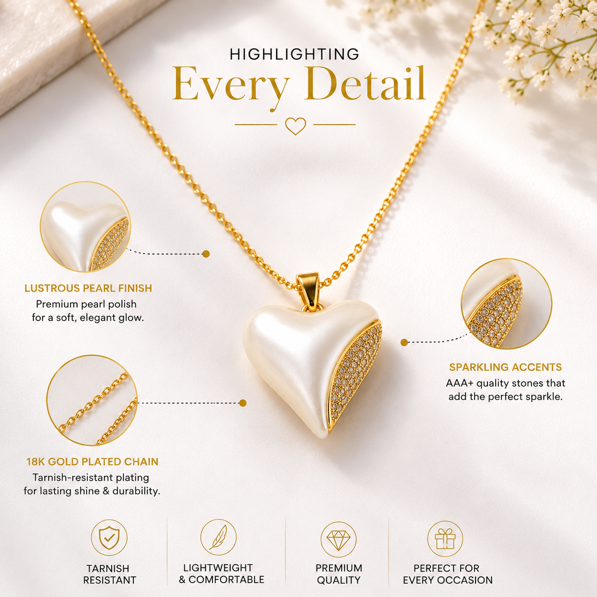 Elegant White Heart Pearl Gold Plated Pendant Necklace for Women | Anti-Tarnish Jewellery
