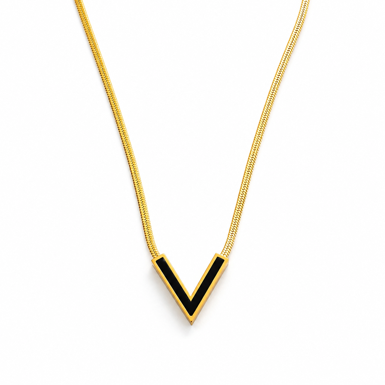 Black V Initial Pendant Necklace for Women | 18K Gold Plated Anti-Tarnish Stainless Steel Necklace