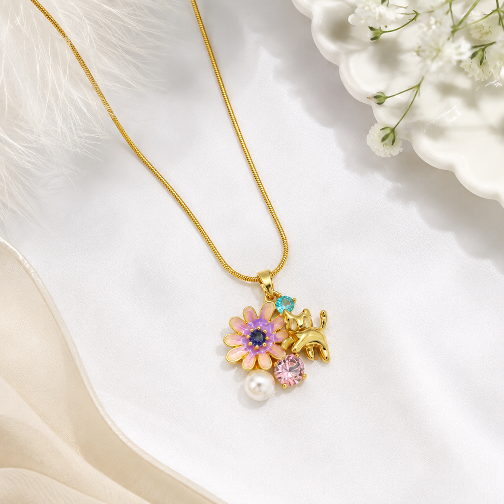 Cute Cat & Purple Flower Gold Plated Pendant Necklace for Women | Anti-Tarnish Jewellery