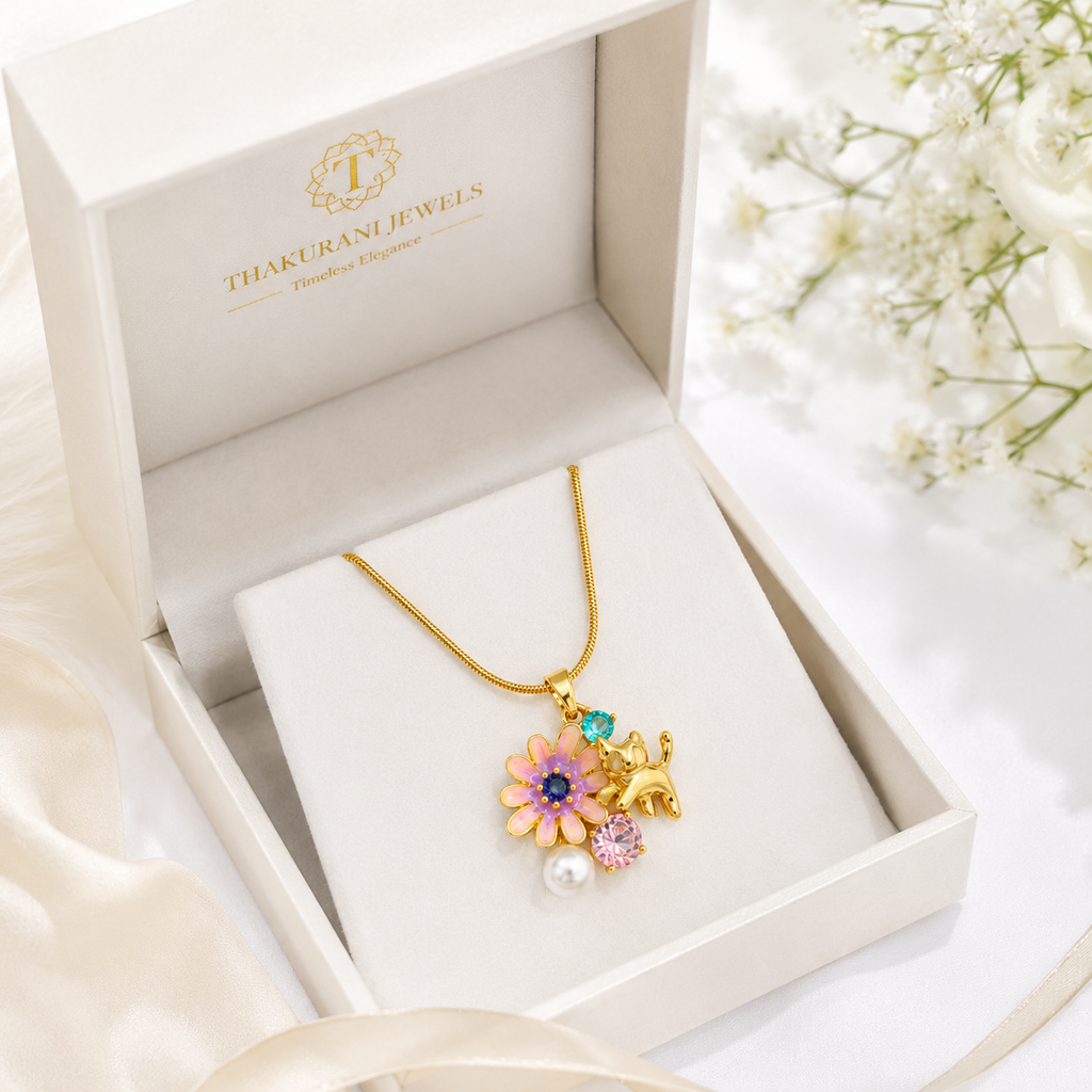 Cute Cat & Purple Flower Gold Plated Pendant Necklace for Women | Anti-Tarnish Jewellery