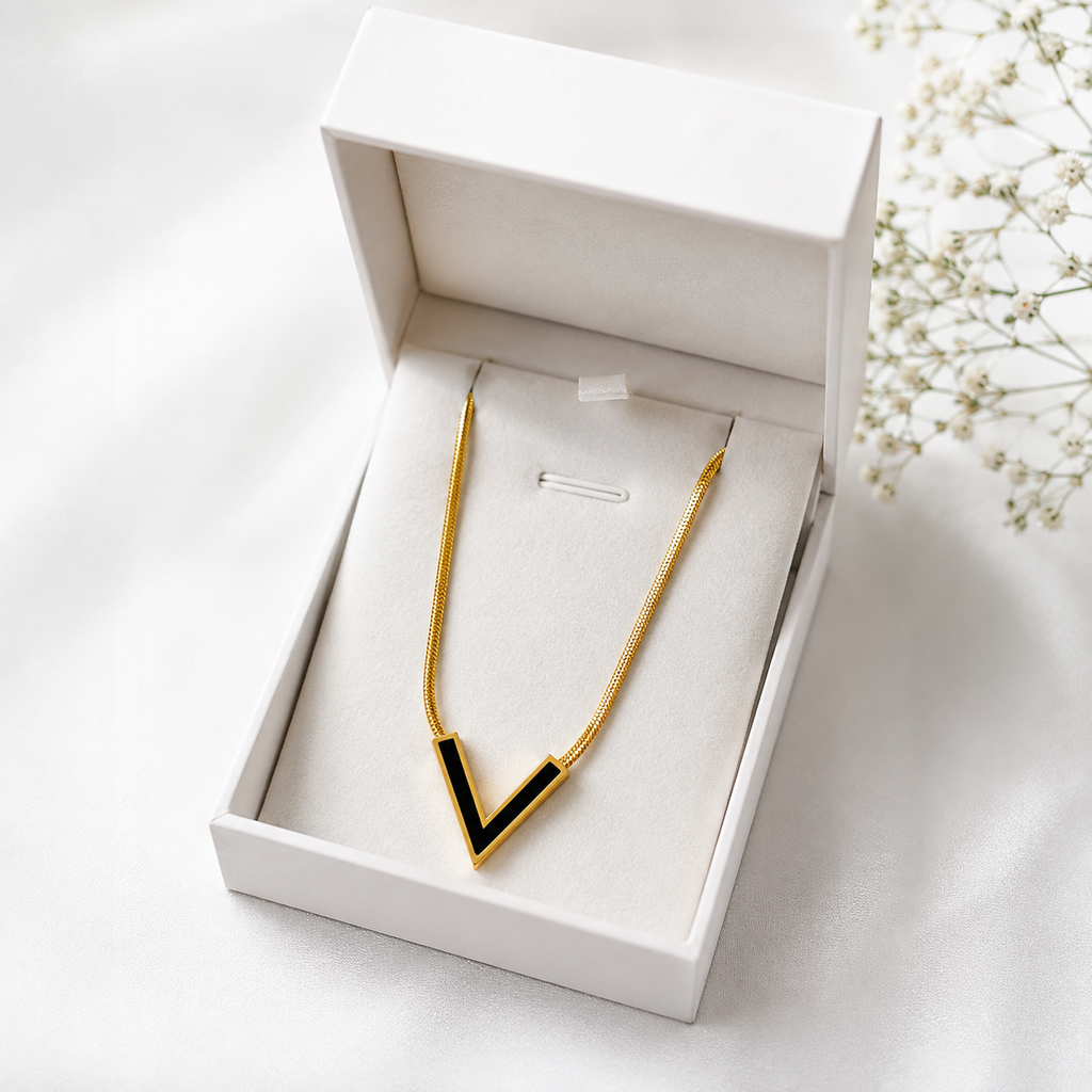Black V Initial Pendant Necklace for Women | 18K Gold Plated Anti-Tarnish Stainless Steel Necklace