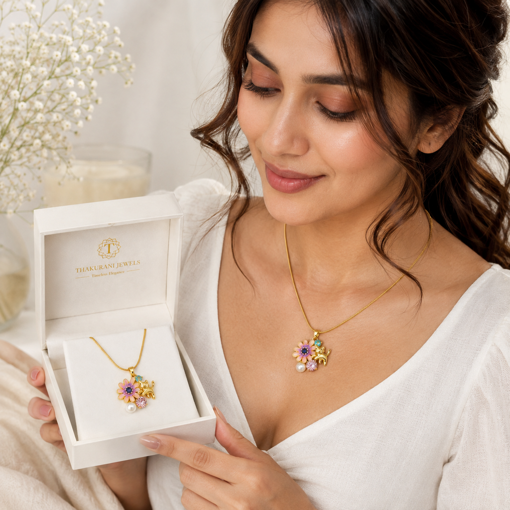 Cute Cat & Purple Flower Gold Plated Pendant Necklace for Women | Anti-Tarnish Jewellery