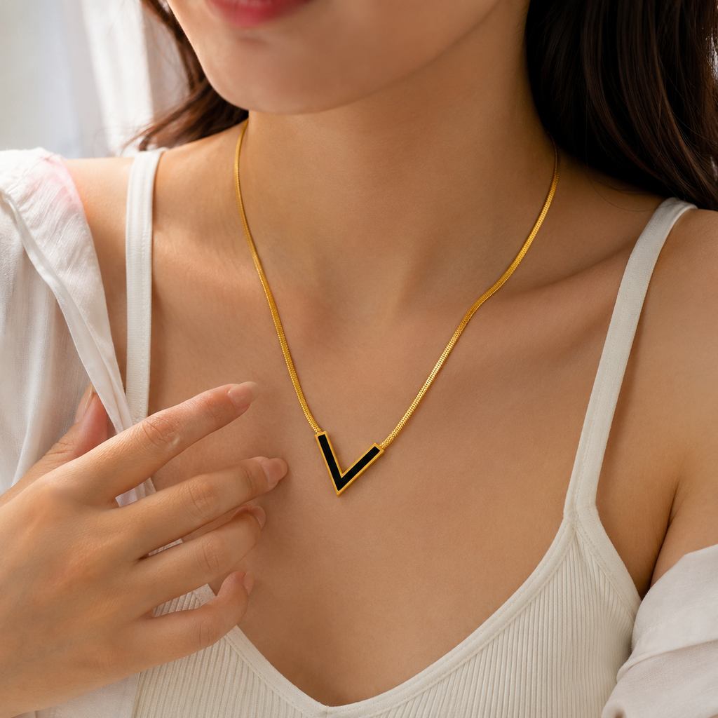 Black V Initial Pendant Necklace for Women | 18K Gold Plated Anti-Tarnish Stainless Steel Necklace