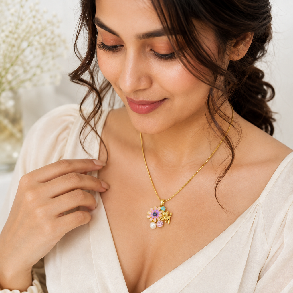 Cute Cat & Purple Flower Gold Plated Pendant Necklace for Women | Anti-Tarnish Jewellery