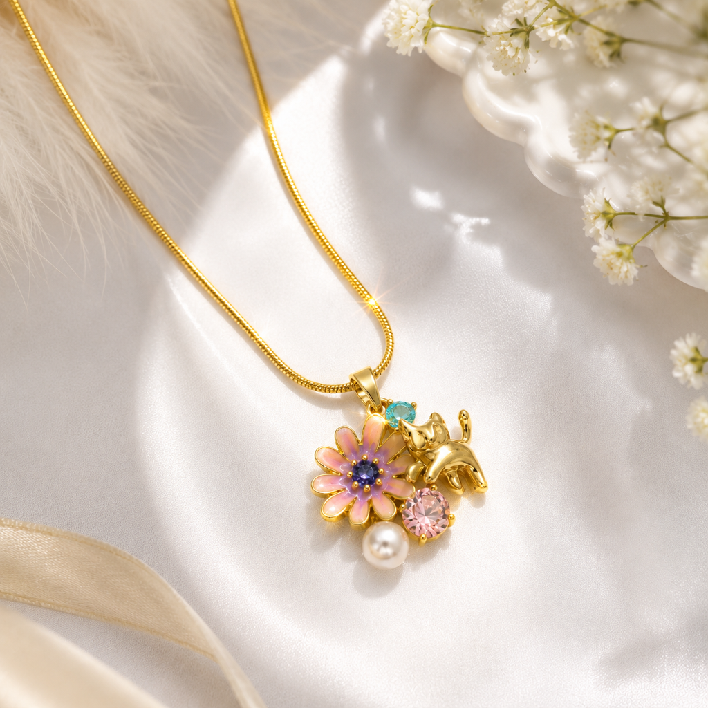 Cute Cat & Purple Flower Gold Plated Pendant Necklace for Women | Anti-Tarnish Jewellery