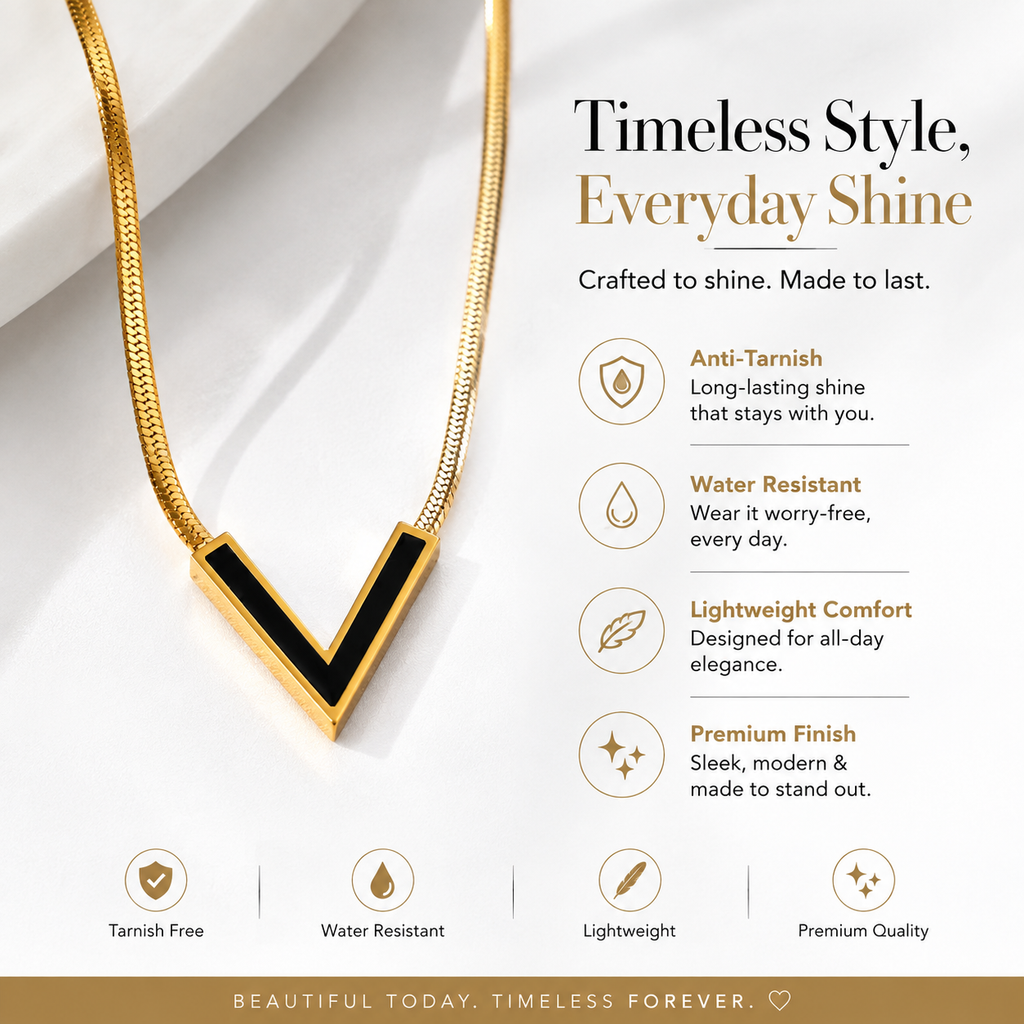 Black V Initial Pendant Necklace for Women | 18K Gold Plated Anti-Tarnish Stainless Steel Necklace