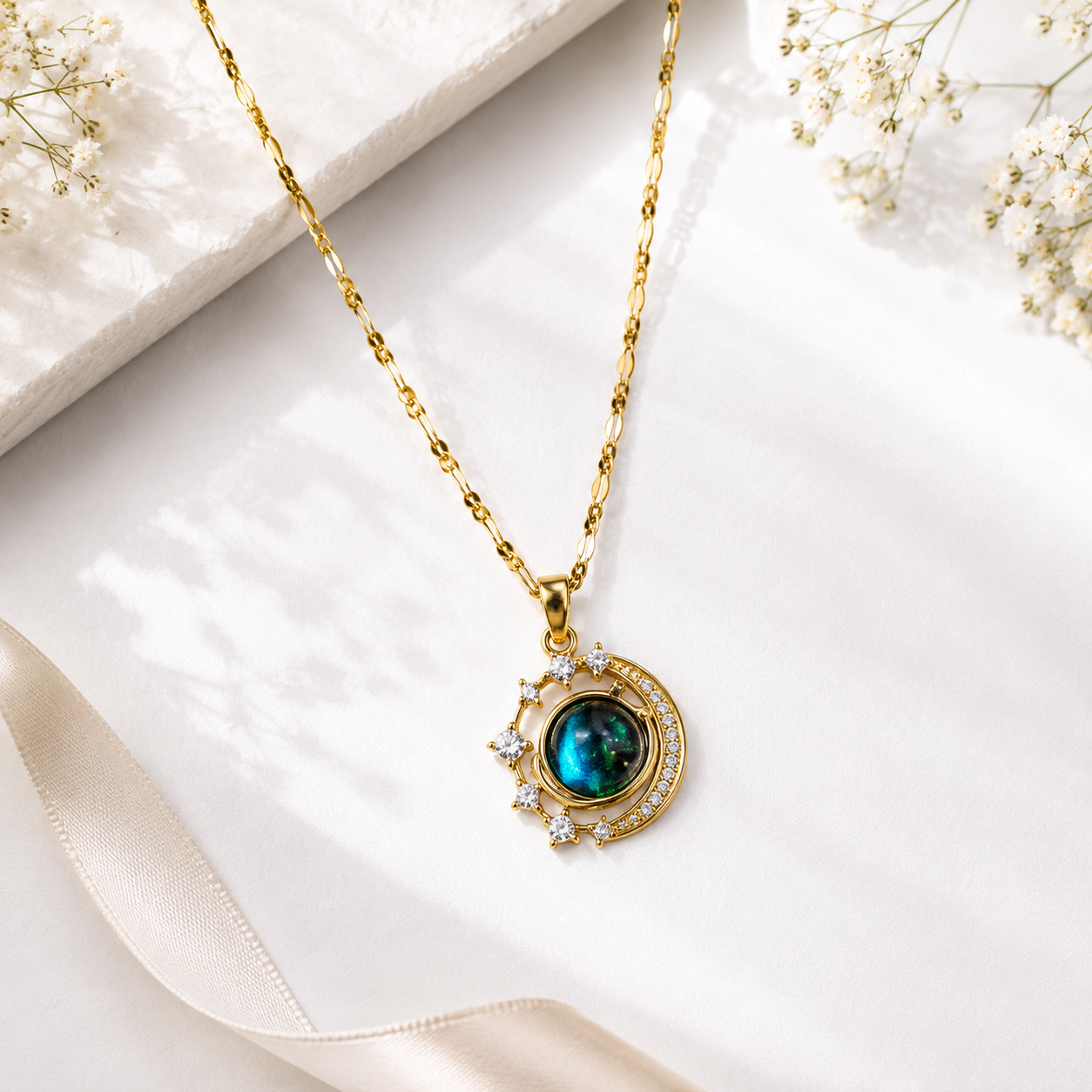 Celestial Opal Moon Pendant Necklace for Women | 18K Gold Plated Anti-Tarnish