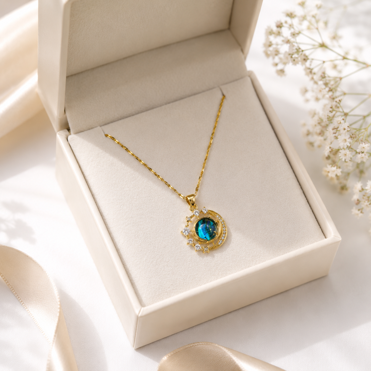 Celestial Opal Moon Pendant Necklace for Women | 18K Gold Plated Anti-Tarnish
