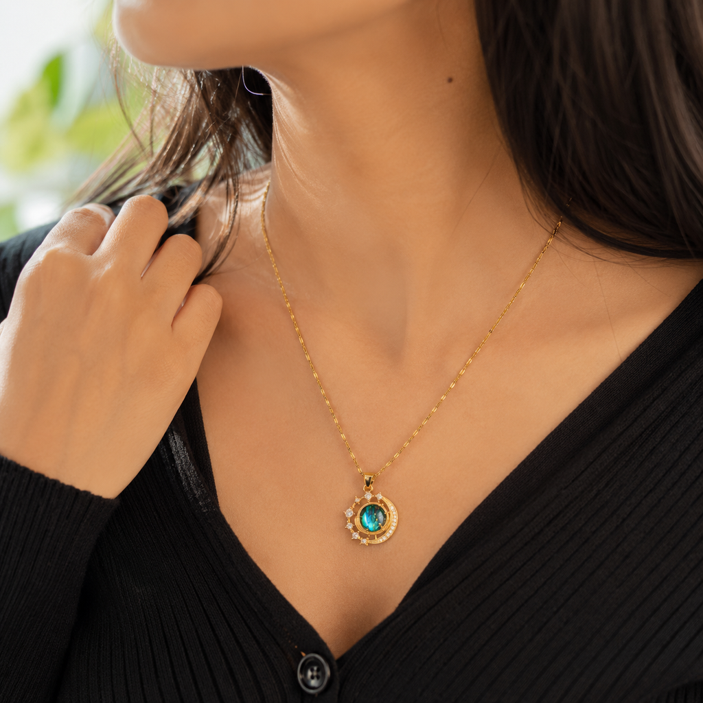 Celestial Opal Moon Pendant Necklace for Women | 18K Gold Plated Anti-Tarnish