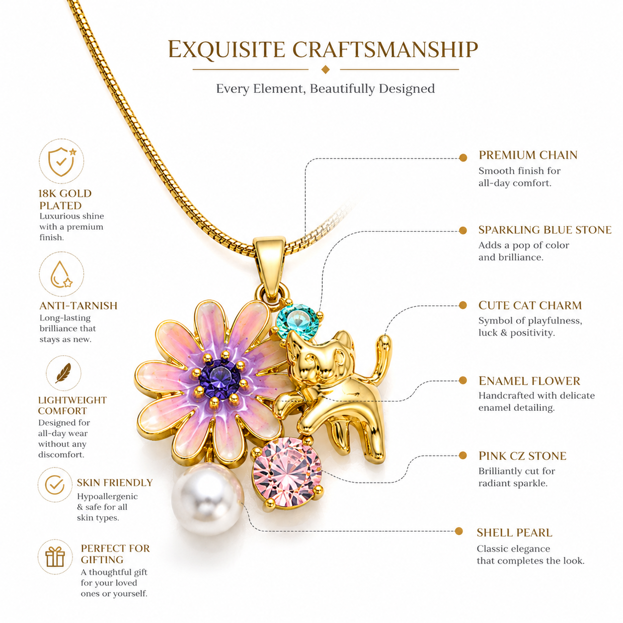 Cute Cat & Purple Flower Gold Plated Pendant Necklace for Women | Anti-Tarnish Jewellery
