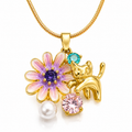 Cute Cat & Purple Flower Gold Plated Pendant Necklace for Women | Anti-Tarnish Jewellery
