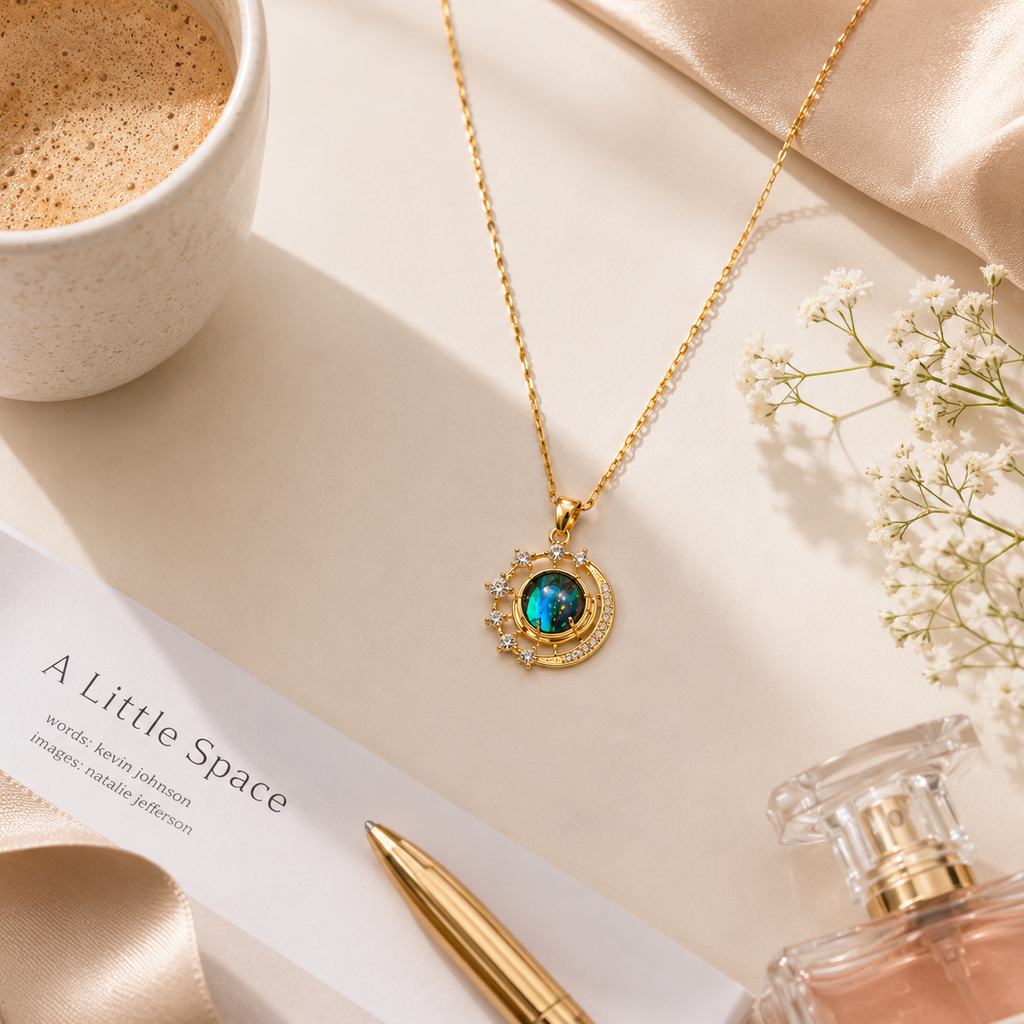 Celestial Opal Moon Pendant Necklace for Women | 18K Gold Plated Anti-Tarnish