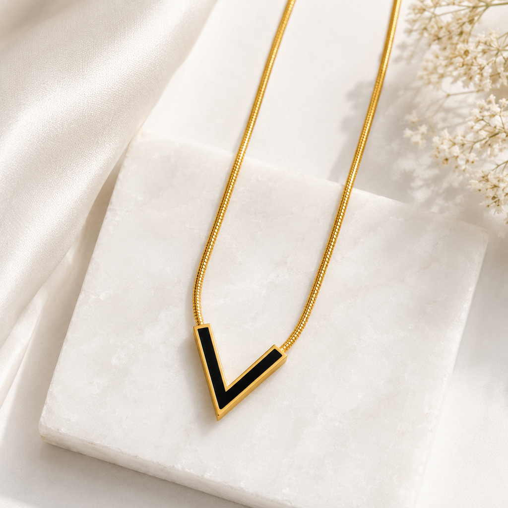 Black V Initial Pendant Necklace for Women | 18K Gold Plated Anti-Tarnish Stainless Steel Necklace
