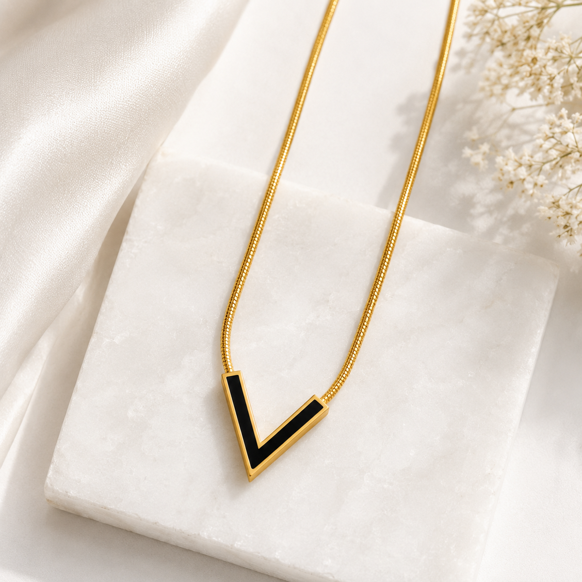 Black V Initial Pendant Necklace for Women | 18K Gold Plated Anti-Tarnish Stainless Steel Necklace