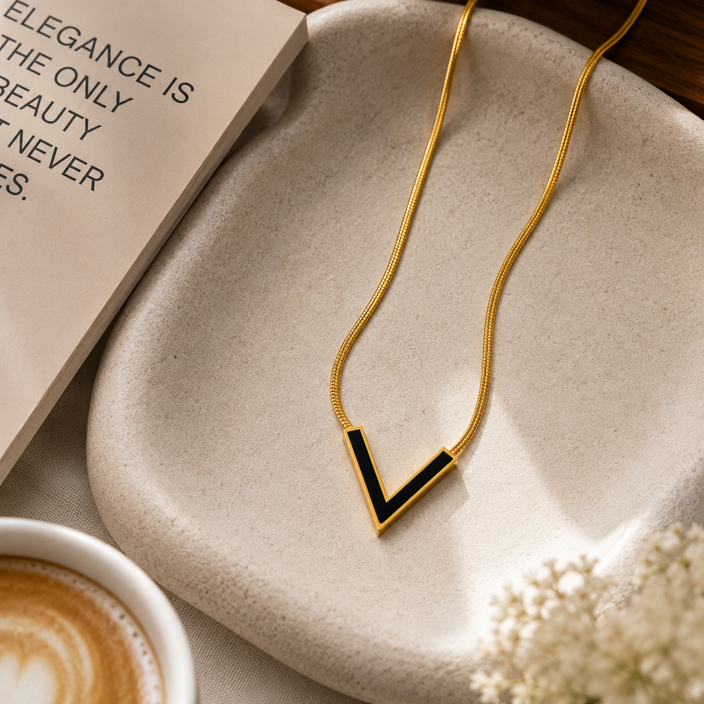 Black V Initial Pendant Necklace for Women | 18K Gold Plated Anti-Tarnish Stainless Steel Necklace