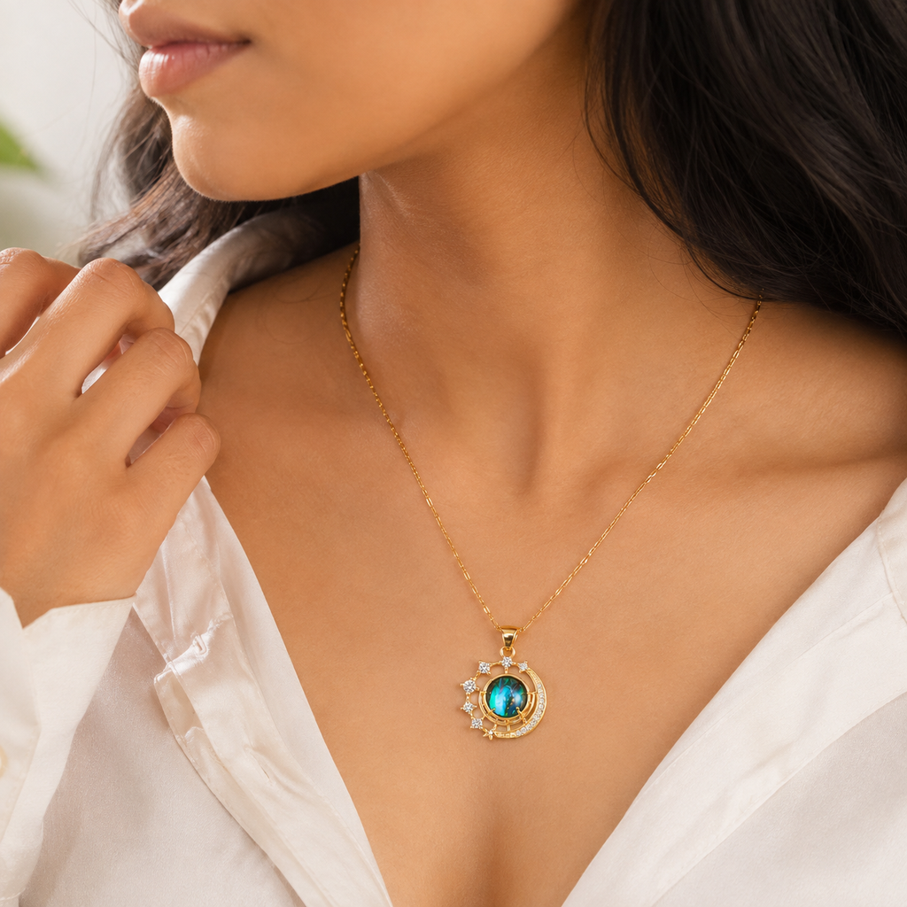 Celestial Opal Moon Pendant Necklace for Women | 18K Gold Plated Anti-Tarnish