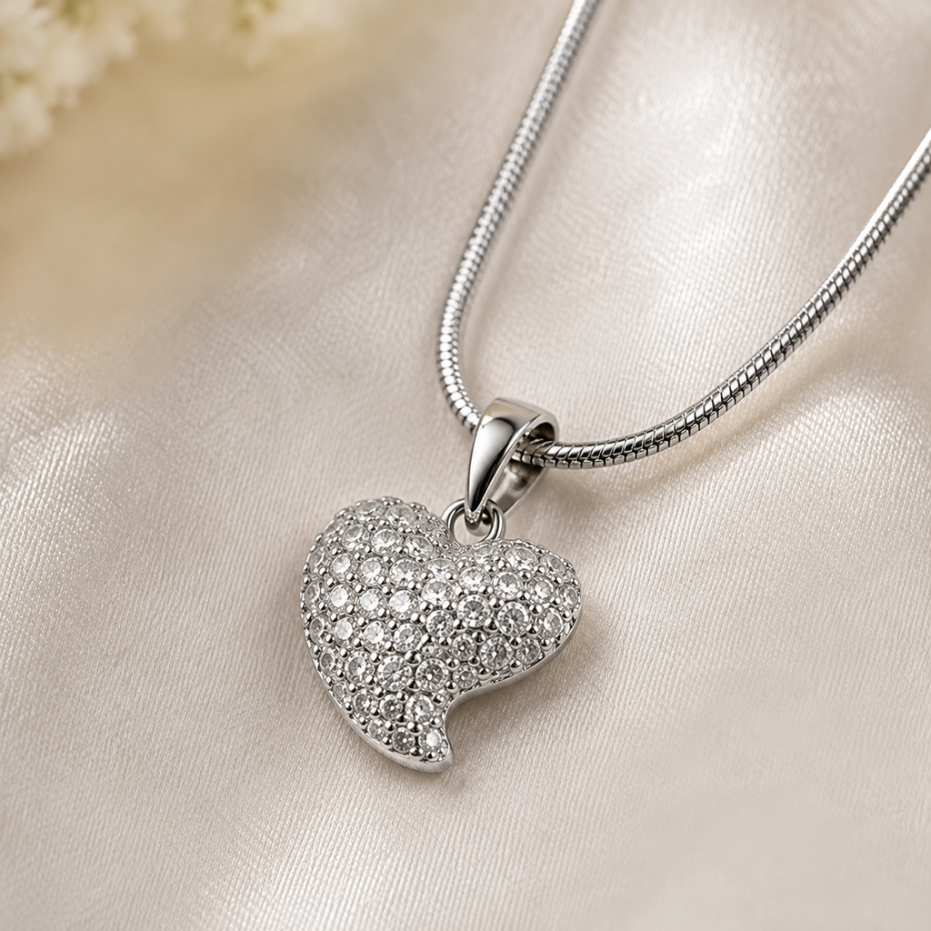 Sparkling Heart Pendant Necklace for Women | Premium Anti-Tarnish Silver Finish