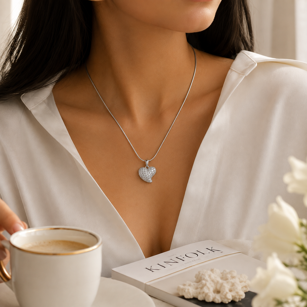 Sparkling Heart Pendant Necklace for Women | Premium Anti-Tarnish Silver Finish