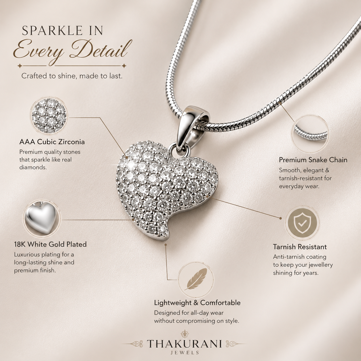 Sparkling Heart Pendant Necklace for Women | Premium Anti-Tarnish Silver Finish