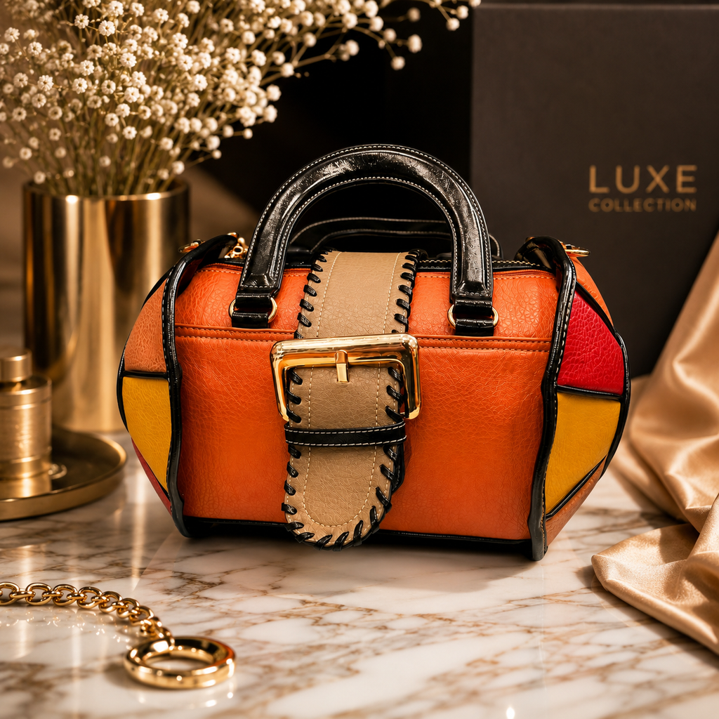 Premium Color Block Leather Handbag for Women | Designer Top Handle Shoulder Bag