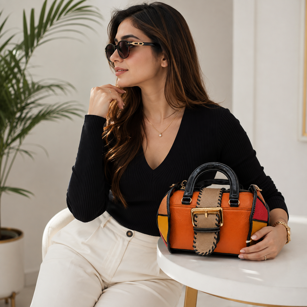 Premium Color Block Leather Handbag for Women | Designer Top Handle Shoulder Bag