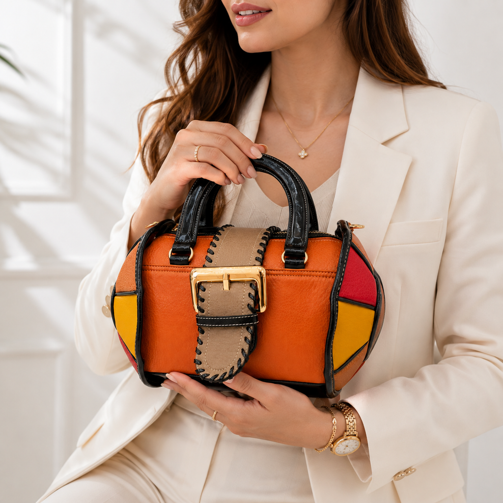Premium Color Block Leather Handbag for Women | Designer Top Handle Shoulder Bag